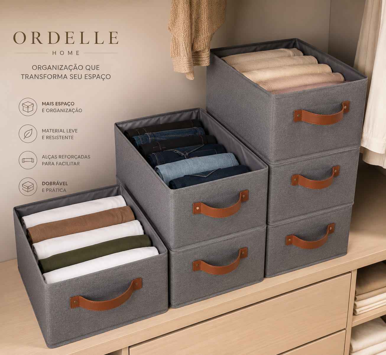 Ordelle | Caixa Organizadora de Roupas em Tecido com Alças
