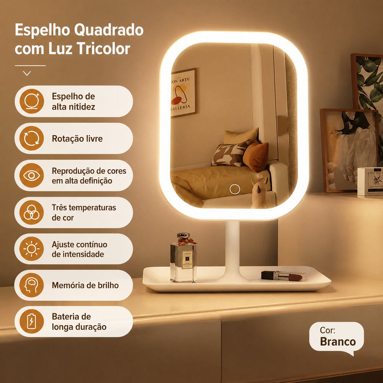 Ordelle | Espelho de Maquiagem LED com Iluminação Tricolor